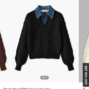 Denim collar Panel Ribbed Lapel Sweater black denim collar